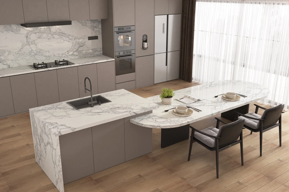 Marble kitchen bench with table